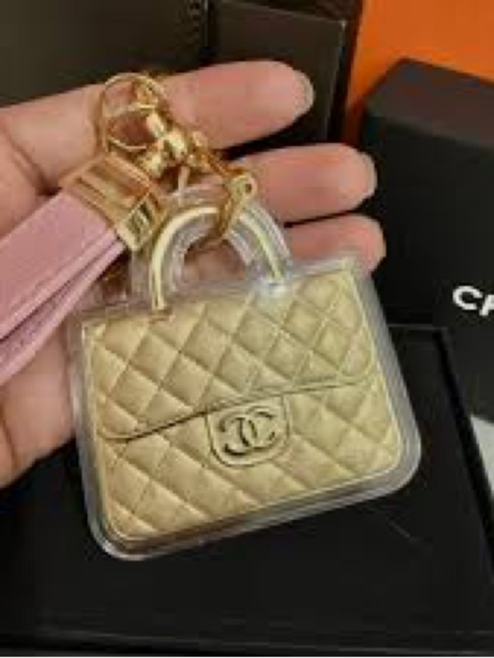 Keychain Gold Quilted Bag Charm Keychain with Pink Tassel